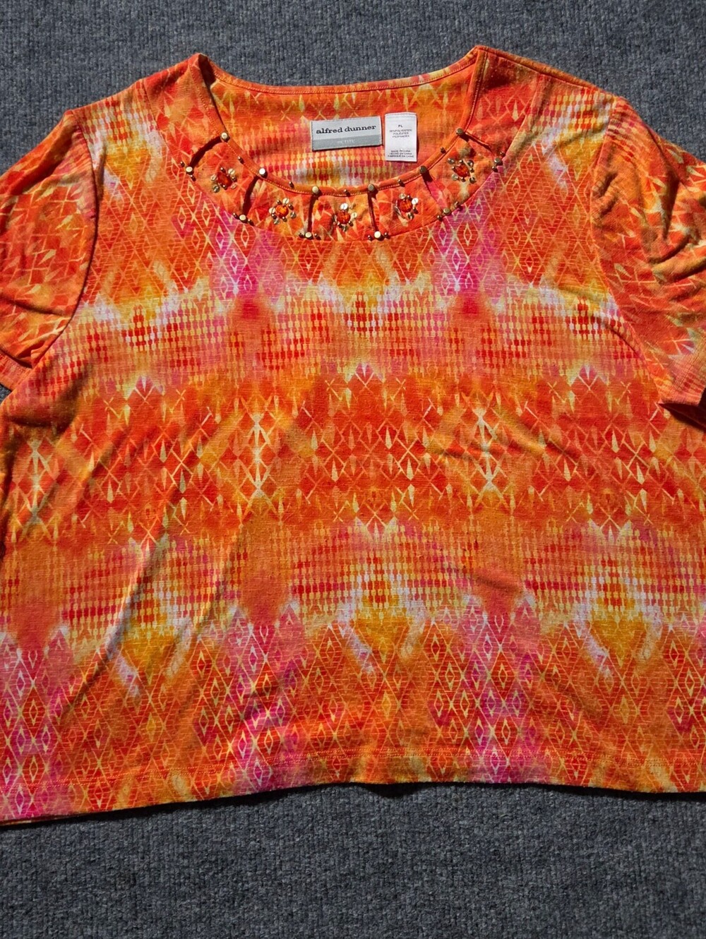 Alfred Dunner Petite Orange Patterned Beaded Top PL